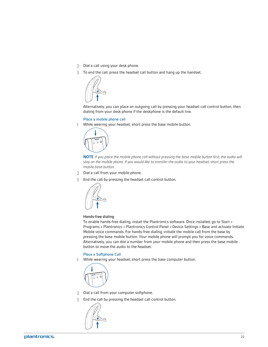 Plantronics W730 manual Place a mobile phone call, Place a Softphone Call 