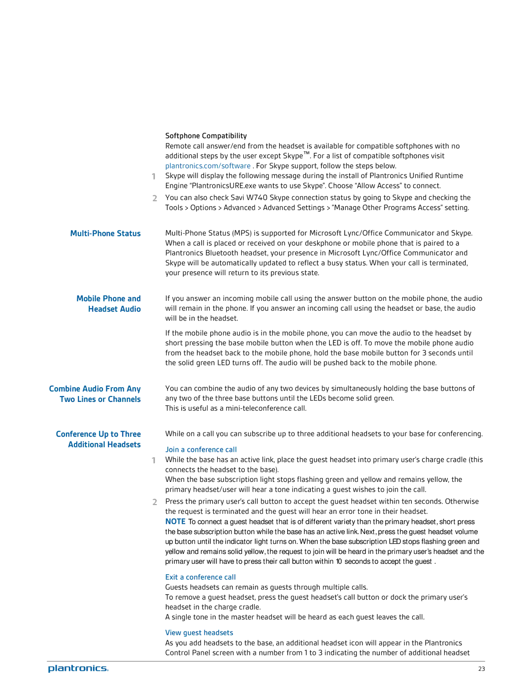 Plantronics W730 manual Multi-Phone Status, Mobile Phone, Headset Audio, Two Lines or Channels, Additional Headsets 