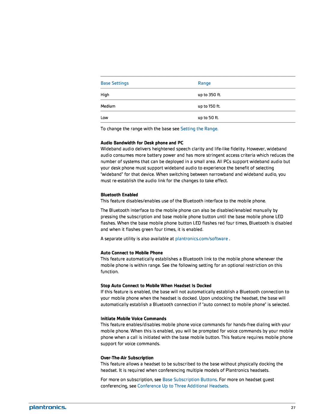 Plantronics W730 Base Settings, Range, Audio Bandwidth for Desk phone and PC, Bluetooth Enabled, Over-The-AirSubscription 