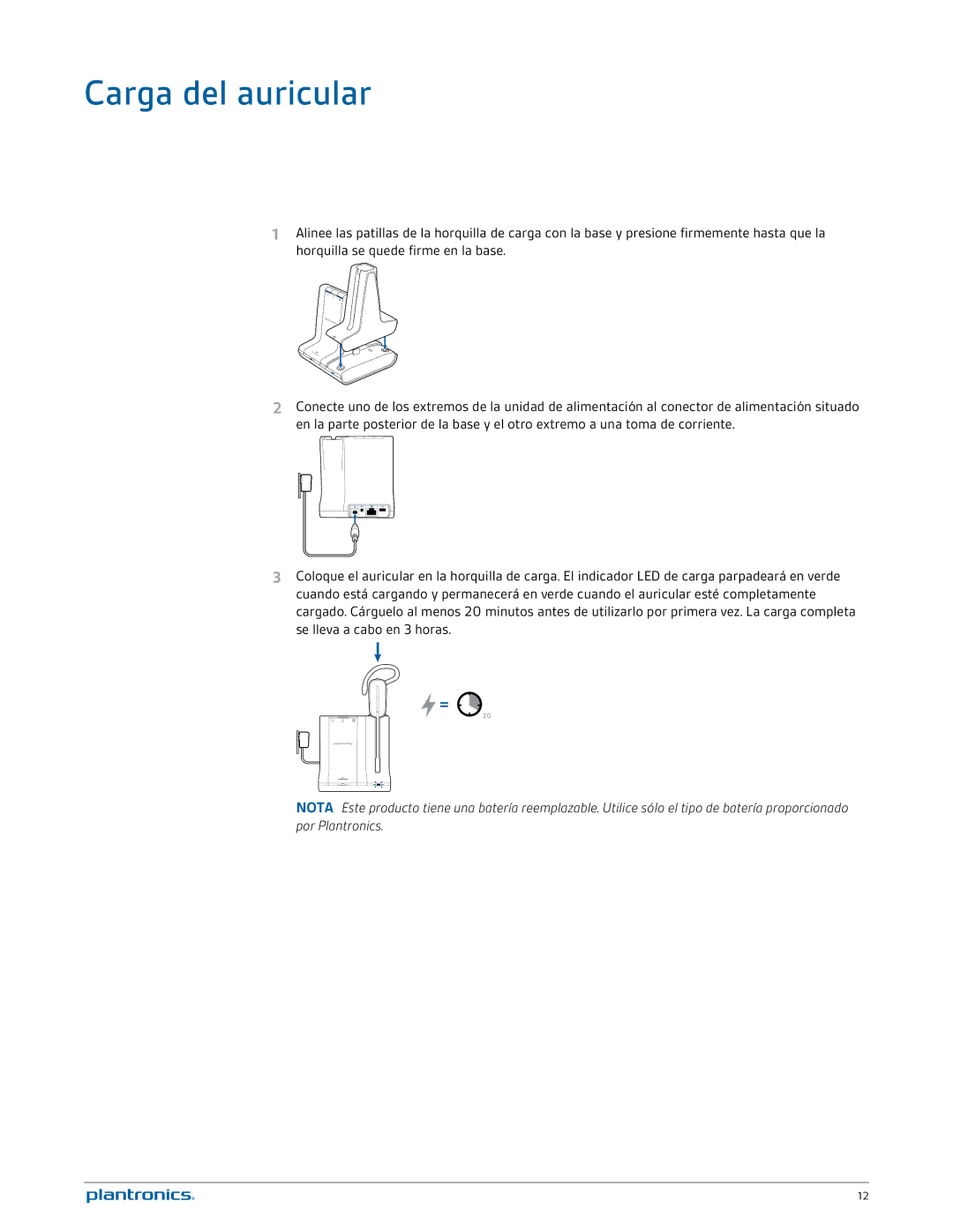 Plantronics W740A-M manual Carga del auricular 