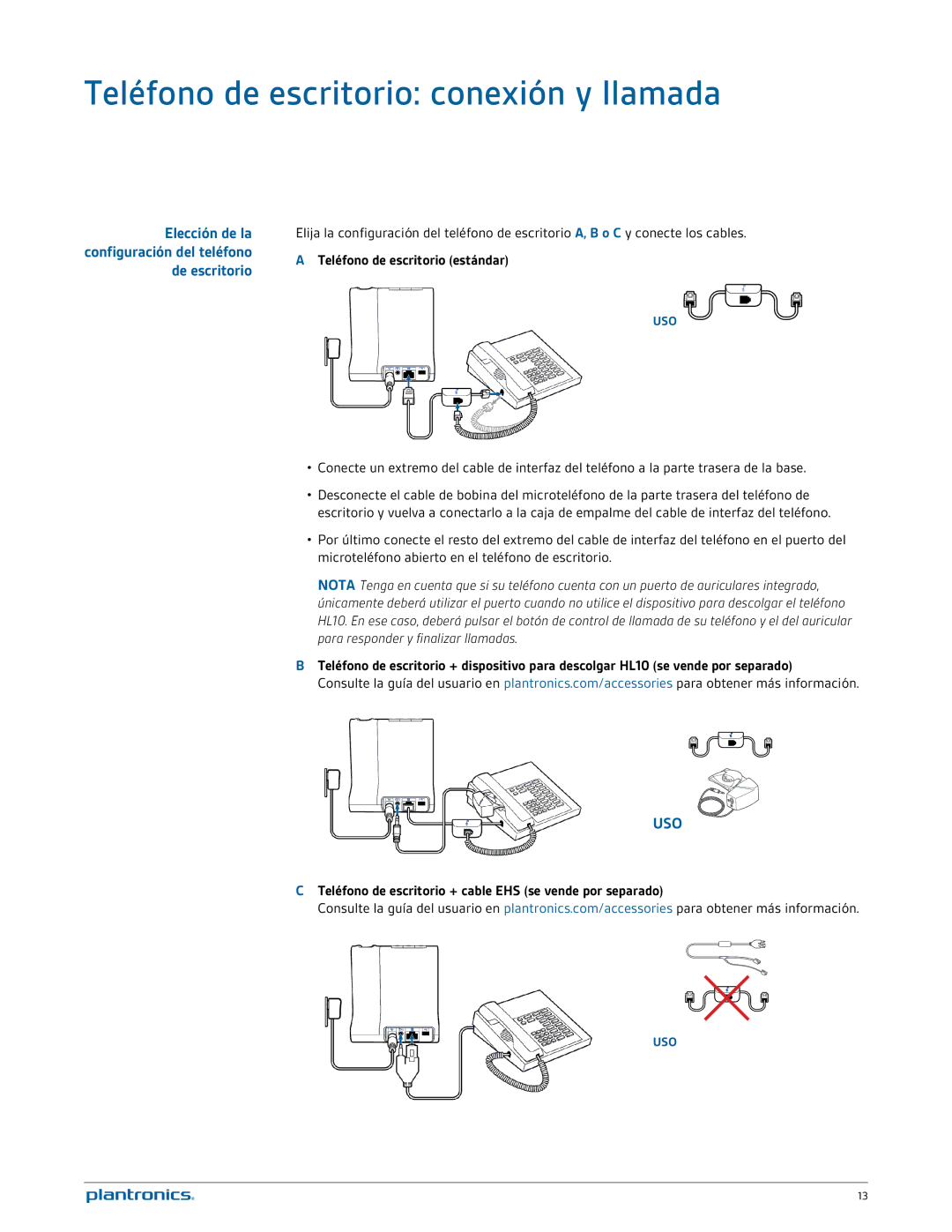 Plantronics W740A-M Teléfono de escritorio conexión y llamada, Elección de la configuración del teléfono de escritorio 