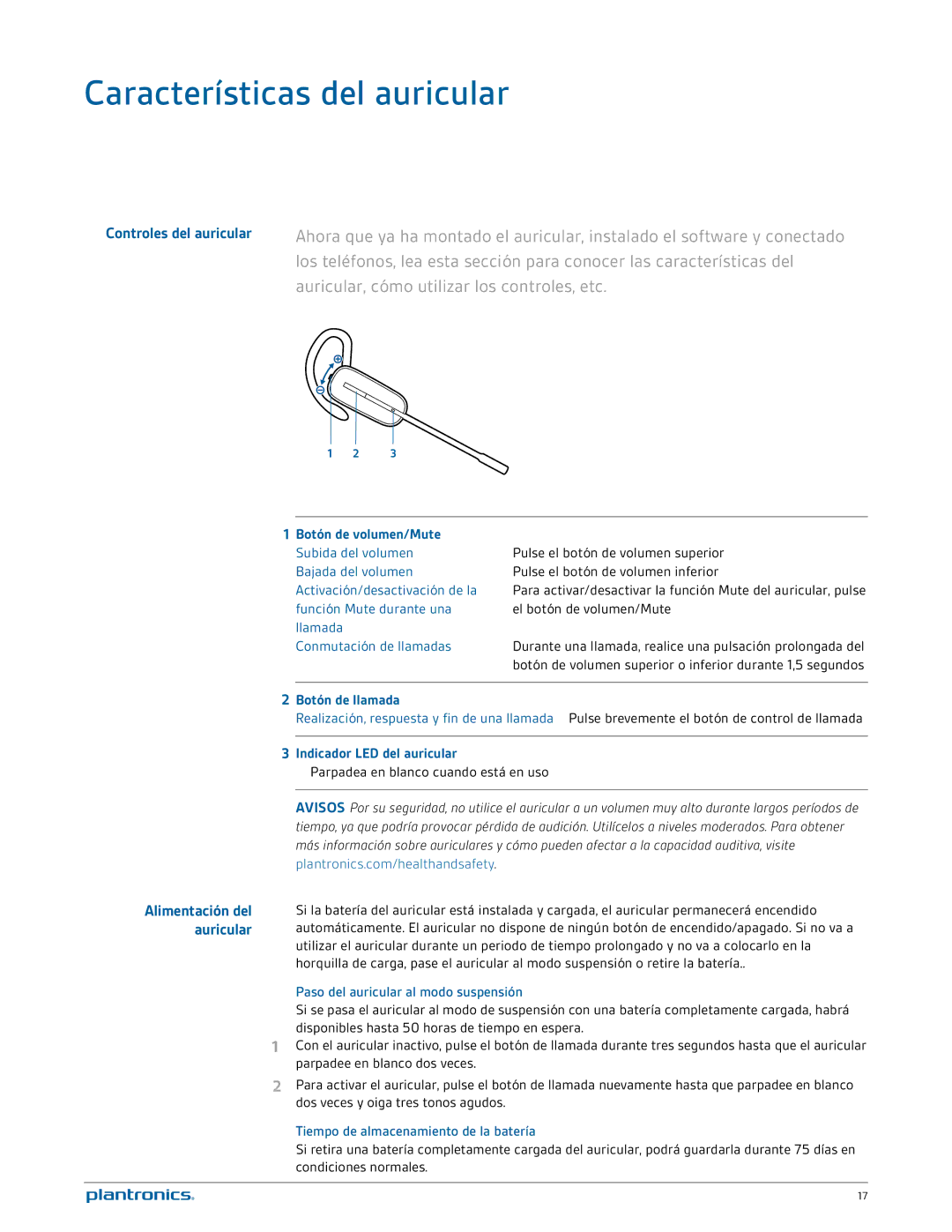 Plantronics W740A-M manual Características del auricular, Controles del auricular, Botón de volumen/Mute, Botón de llamada 