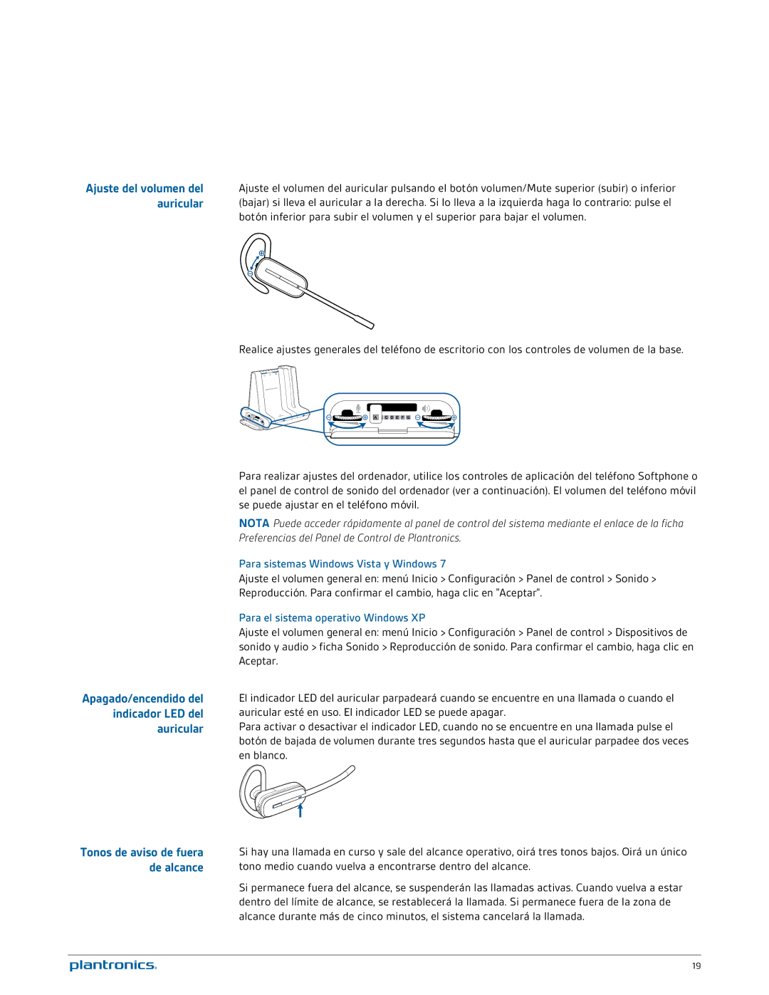 Plantronics W740A-M manual Apagado/encendido del indicador LED del auricular, Ajuste del volumen del auricular 