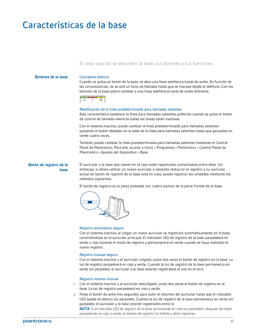 Plantronics W740A-M manual Características de la base, Botones de la base, Base, Botón de registro de la 