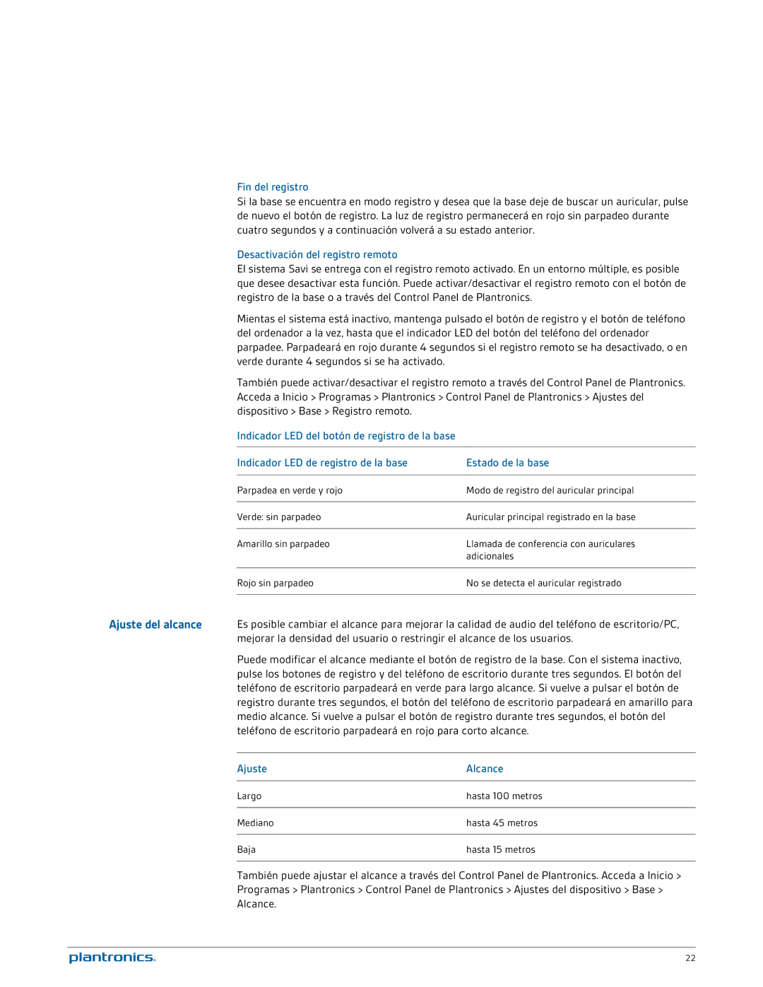 Plantronics W740A-M manual Fin del registro, Desactivación del registro remoto, Ajuste Alcance 