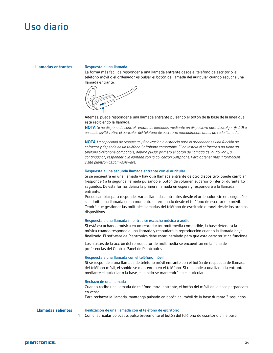 Plantronics W740A-M manual Uso diario, Llamadas entrantes 