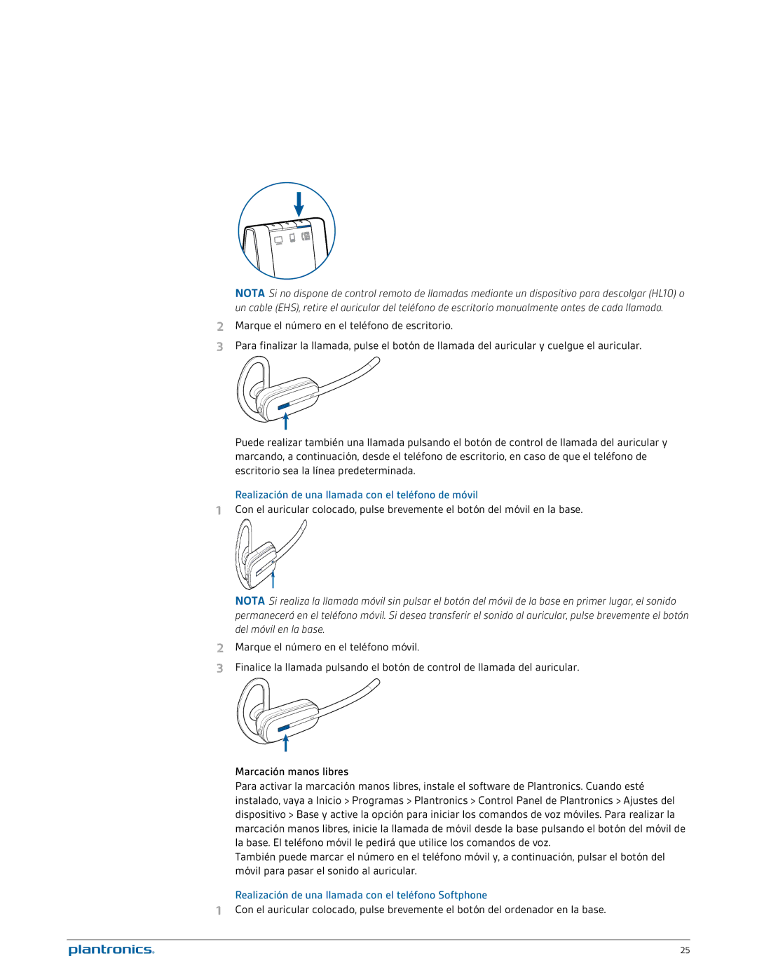 Plantronics W740A-M manual Realización de una llamada con el teléfono de móvil 