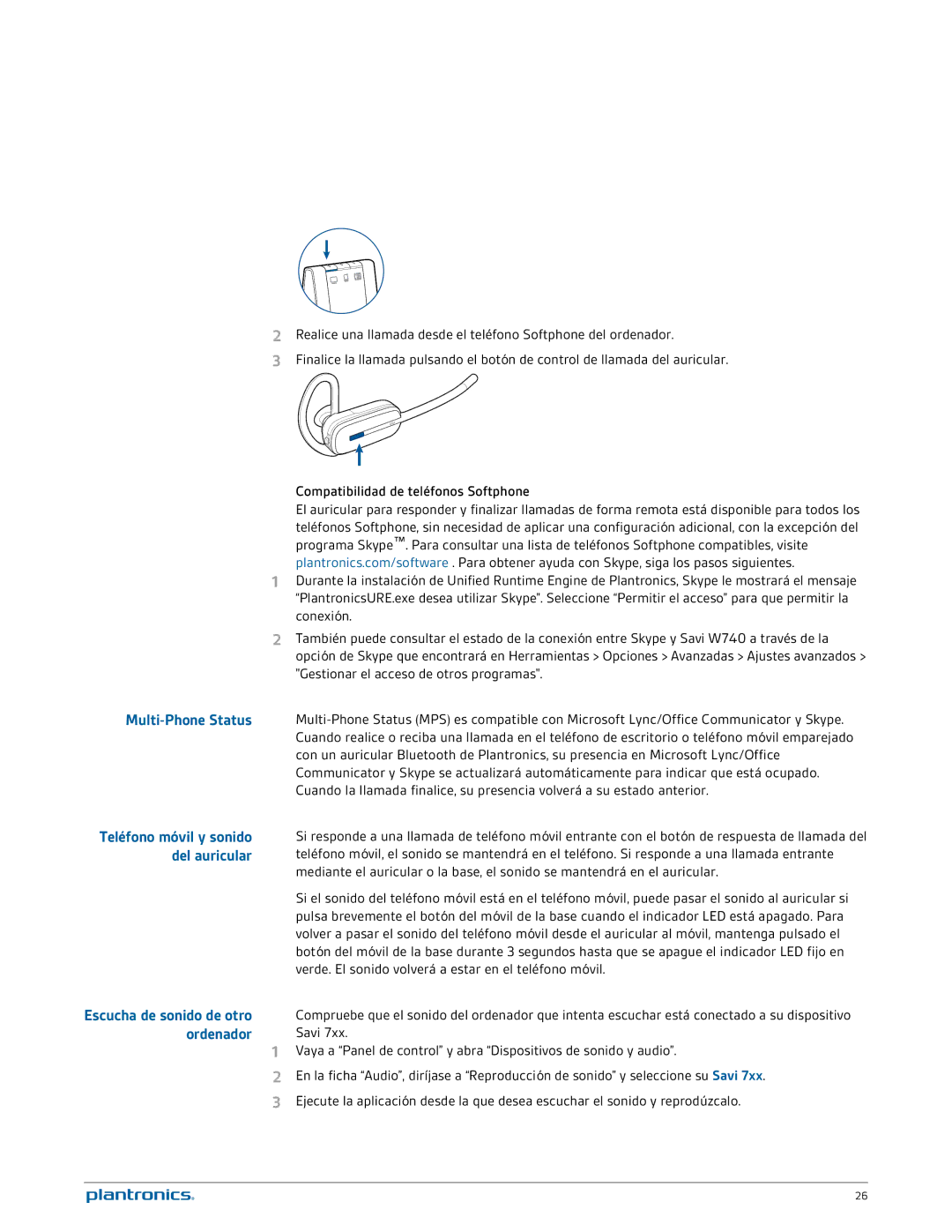 Plantronics W740A-M manual Multi-Phone Status, Teléfono móvil y sonido, Del auricular, Ordenador, Escucha de sonido de otro 