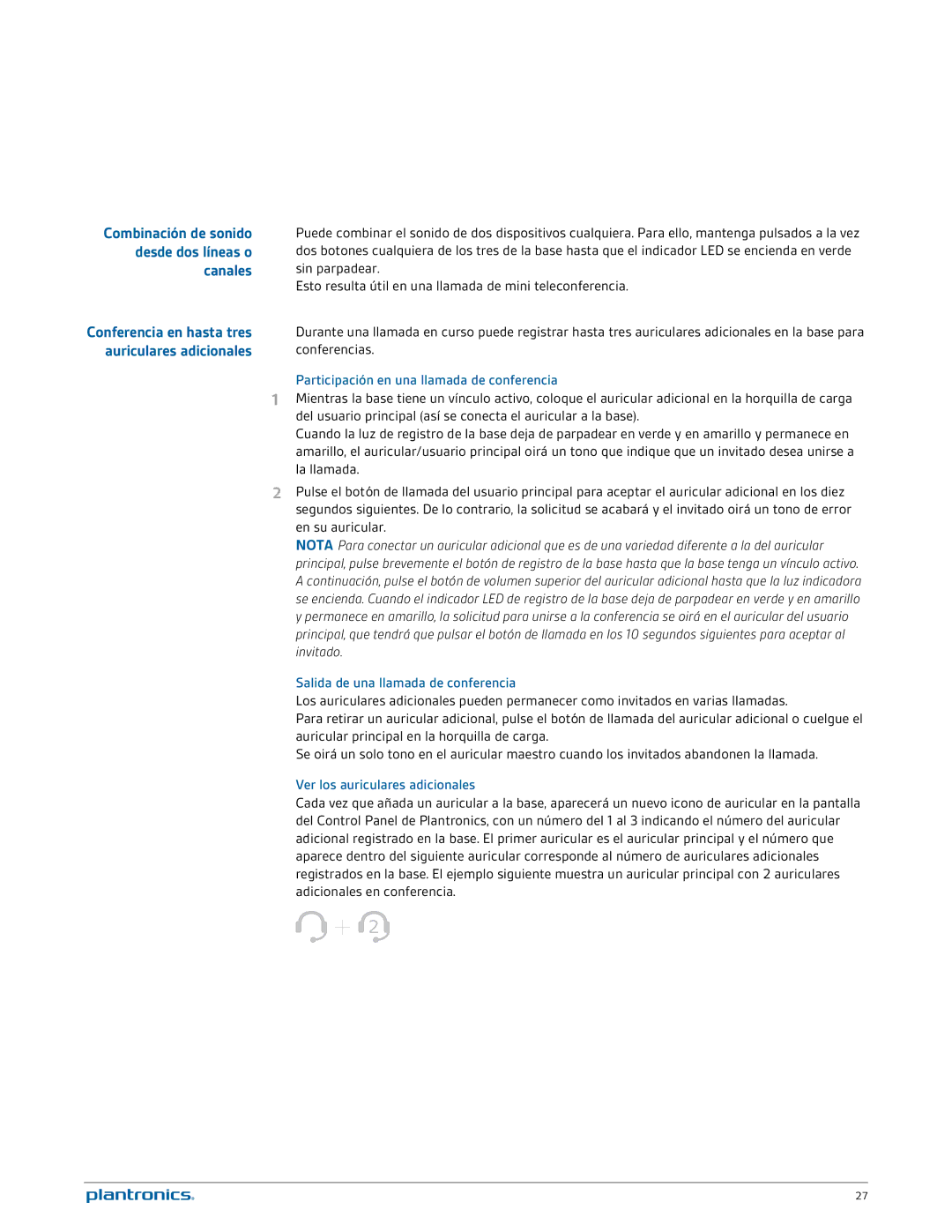 Plantronics W740A-M manual Combinación de sonido desde dos líneas o canales, Participación en una llamada de conferencia 