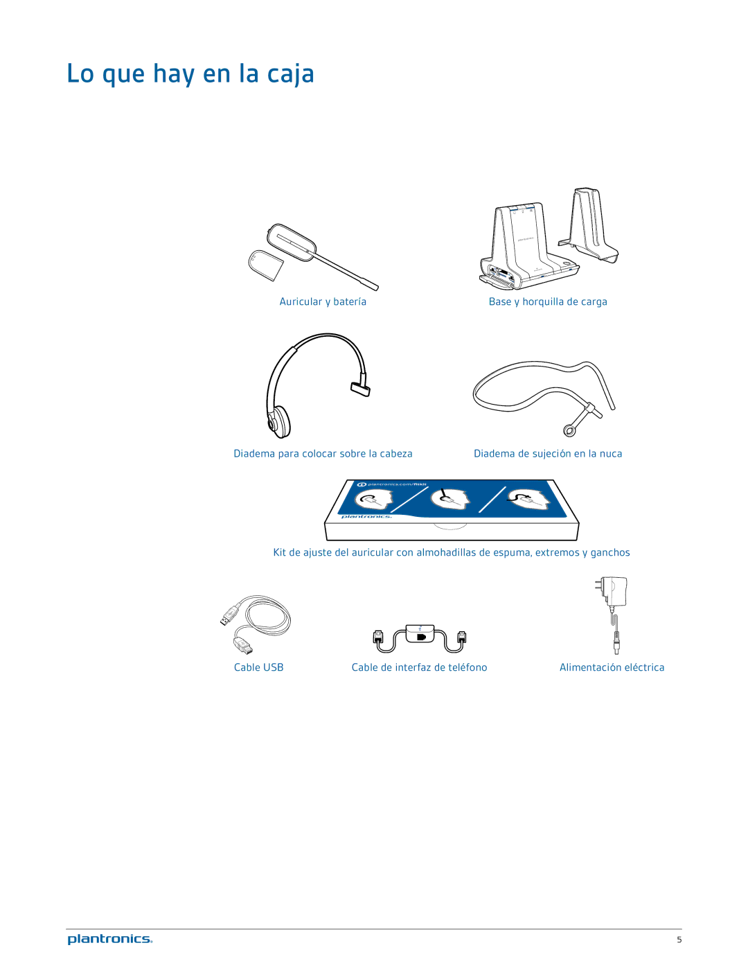 Plantronics W740A-M manual Lo que hay en la caja, Auricular y batería, Diadema para colocar sobre la cabeza 