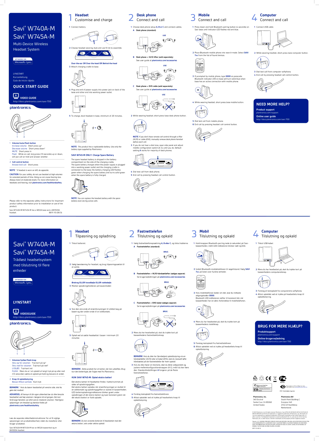 Plantronics W740S-M quick start Quicklynstart Start Guide, Need More HELP?, Lynstart, Brug for Mere HJÆLP? 