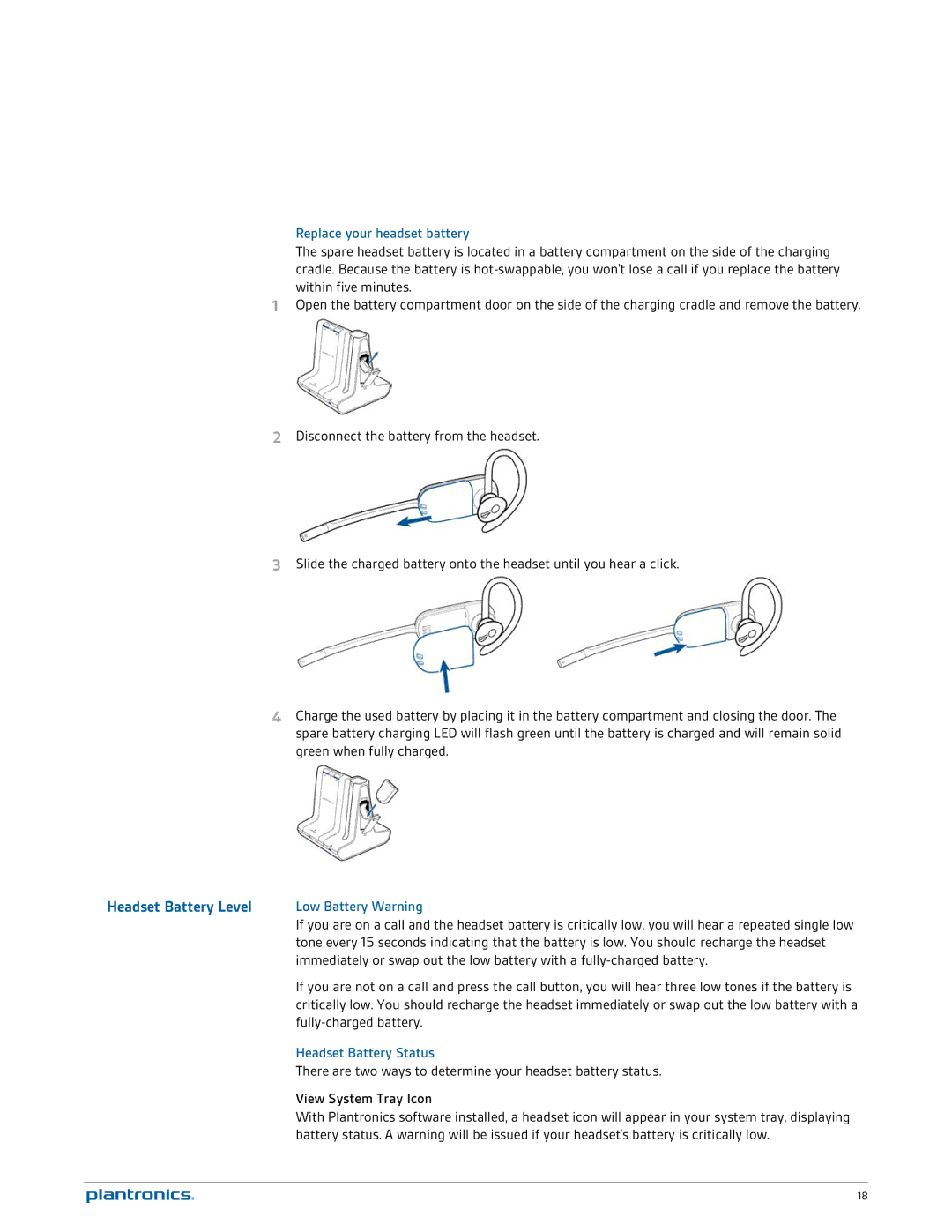 Plantronics W745 manual Headset Battery Level, Replace your headset battery, Low Battery Warning, Headset Battery Status 