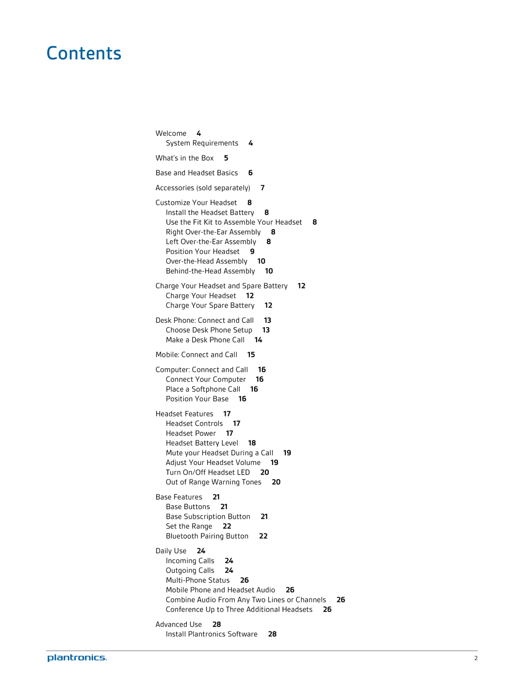 Plantronics W745 manual Contents 