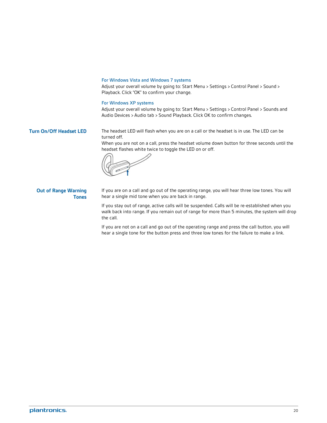 Plantronics W745 manual Tones, For Windows Vista and Windows 7 systems, For Windows XP systems, Out of Range Warning 