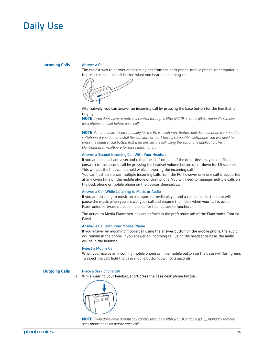 Plantronics W745 manual Daily Use, Incoming Calls 