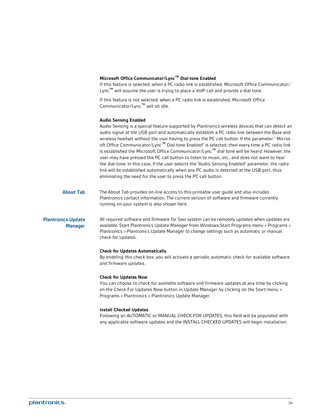 Plantronics W745 manual Microsoft Office Communicator/Lync Dial-tone Enabled, Audio Sensing Enabled, Check for Updates Now 