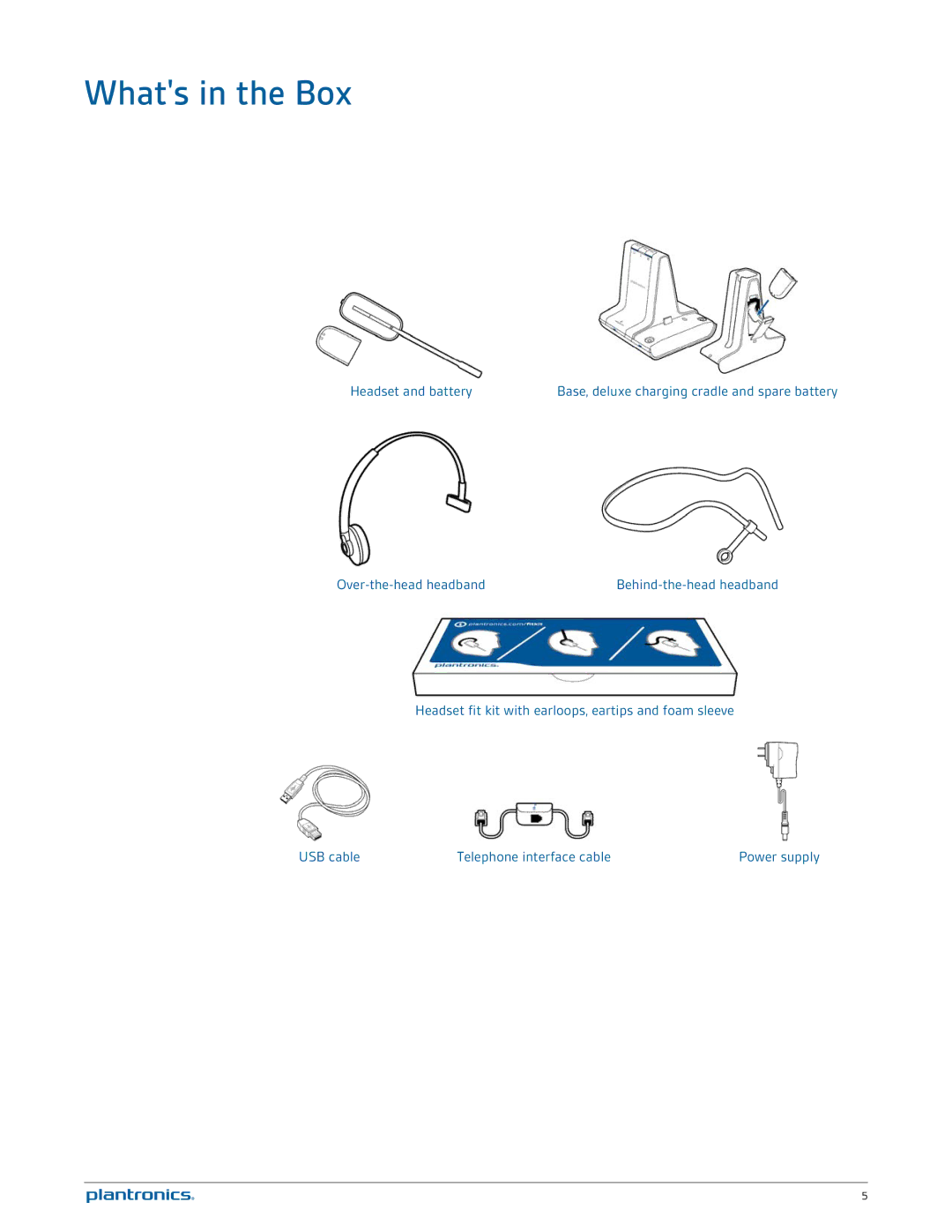 Plantronics W745 manual Whats in the Box, Headset and battery, Over-the-head headband 