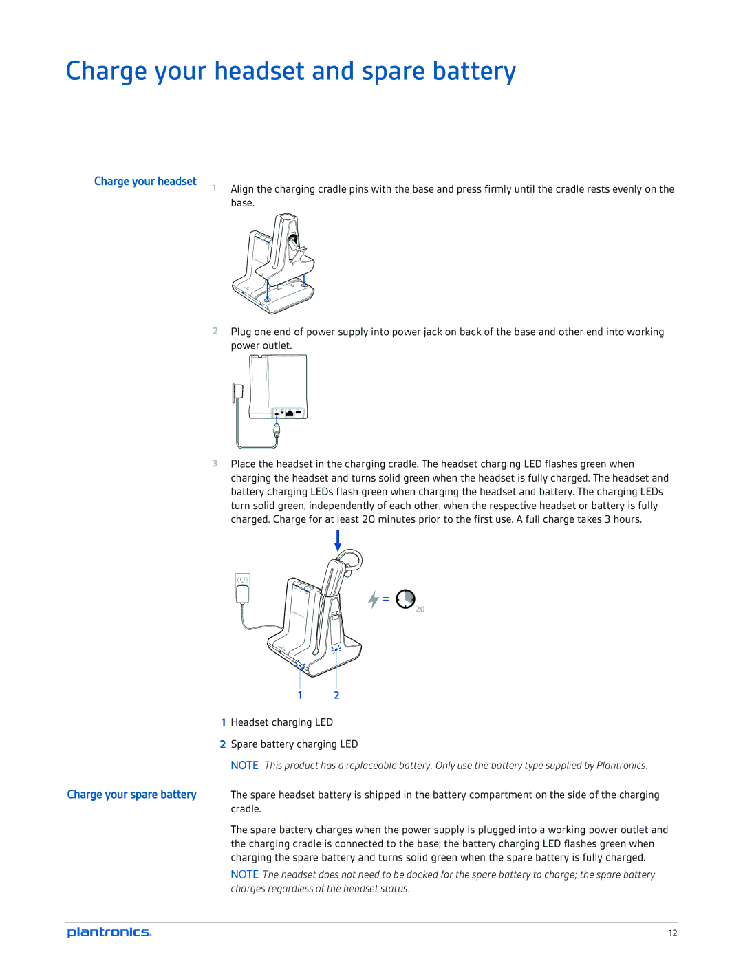 Plantronics W745A-M manual Charge your headset and spare battery 