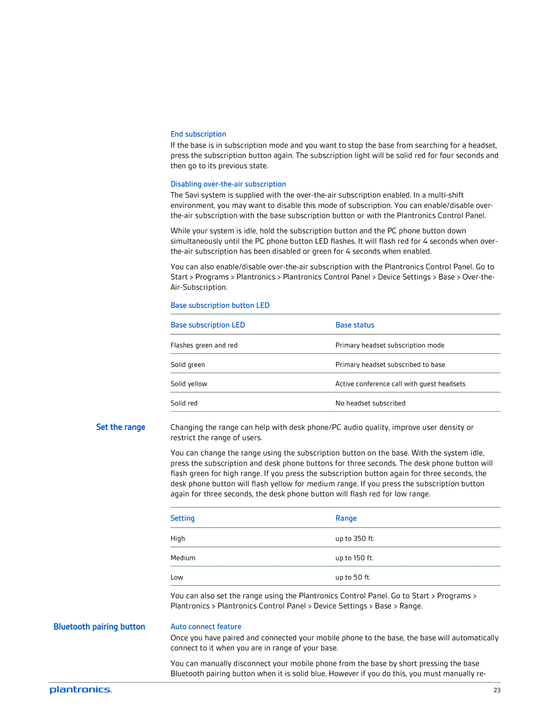 Plantronics W745A-M manual Set the range, End subscription, Disabling over-the-air subscription, Setting Range 