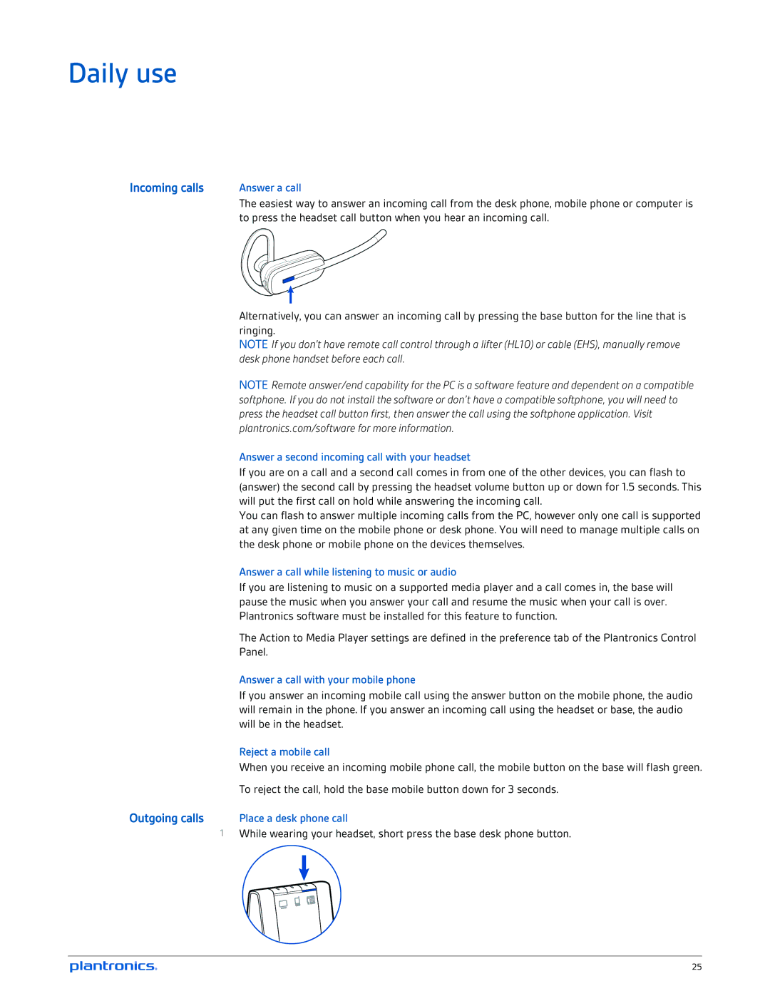 Plantronics W745A-M manual Daily use, Incoming calls 