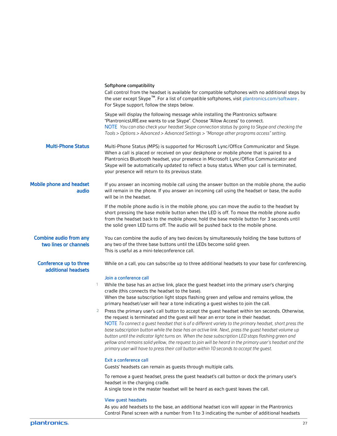 Plantronics W745A-M manual Softphone compatibility, Join a conference call, Exit a conference call, View guest headsets 
