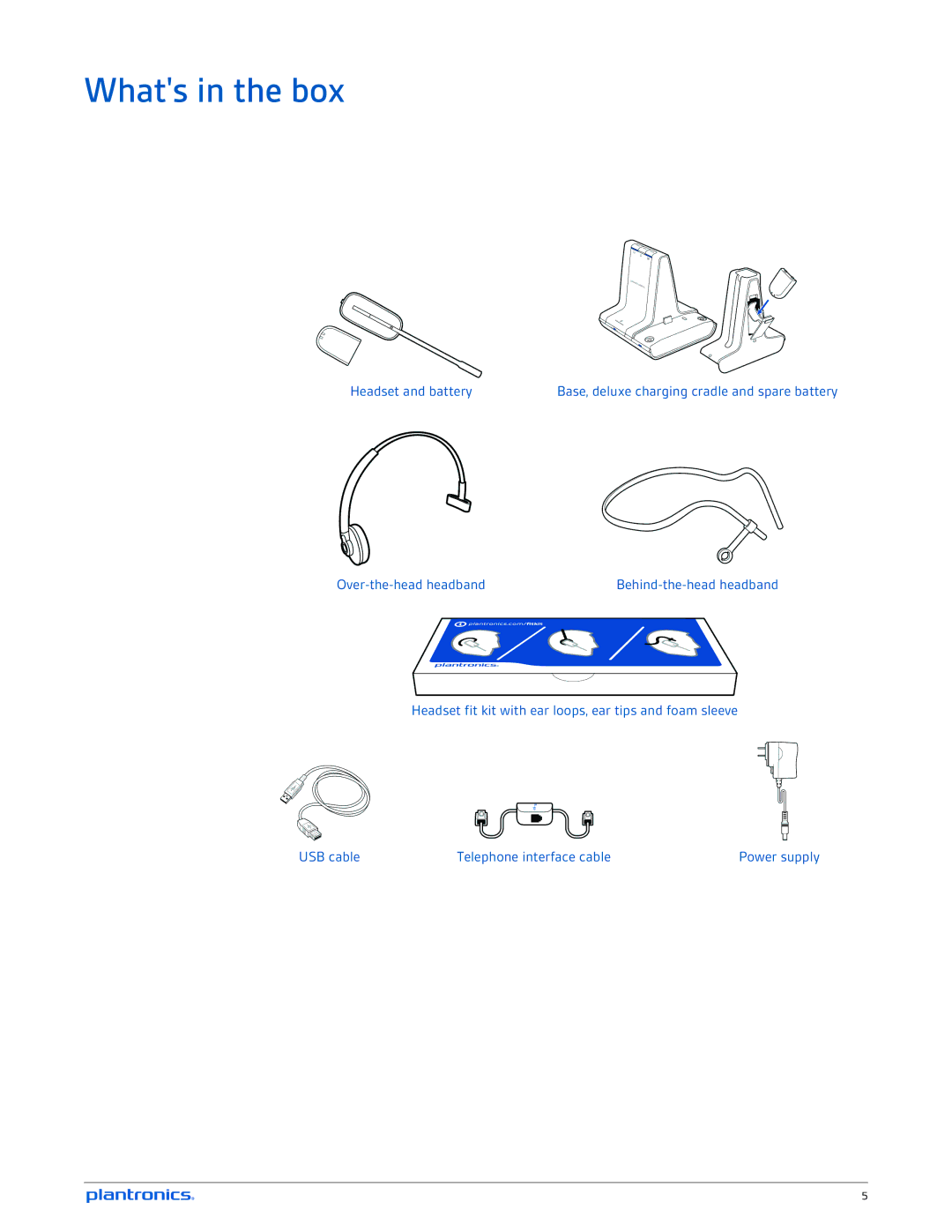 Plantronics W745A-M manual Whats in the box, Headset and battery, Over-the-head headband 