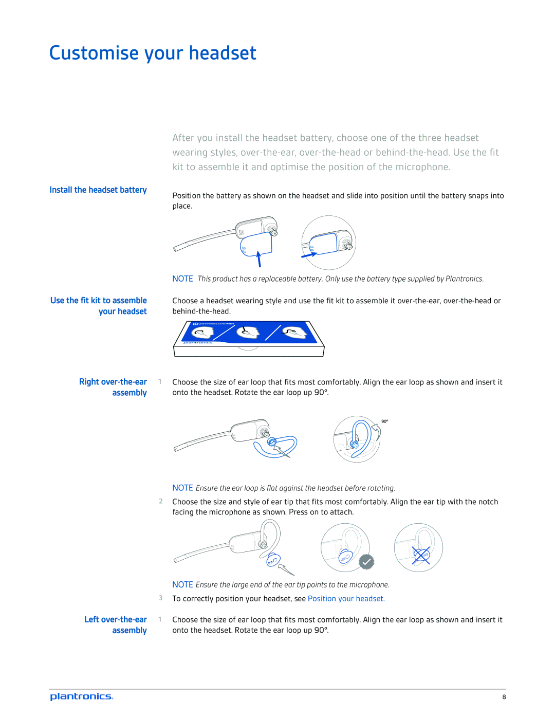 Plantronics W745A-M manual Customise your headset, Assembly 