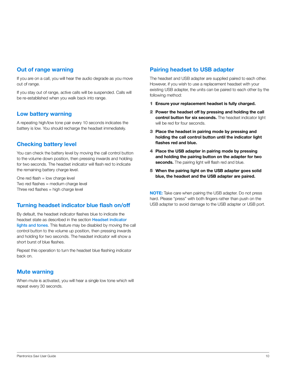 Plantronics WG100/B manual Out of range warning, Low battery warning, Checking battery level, Mute warning 