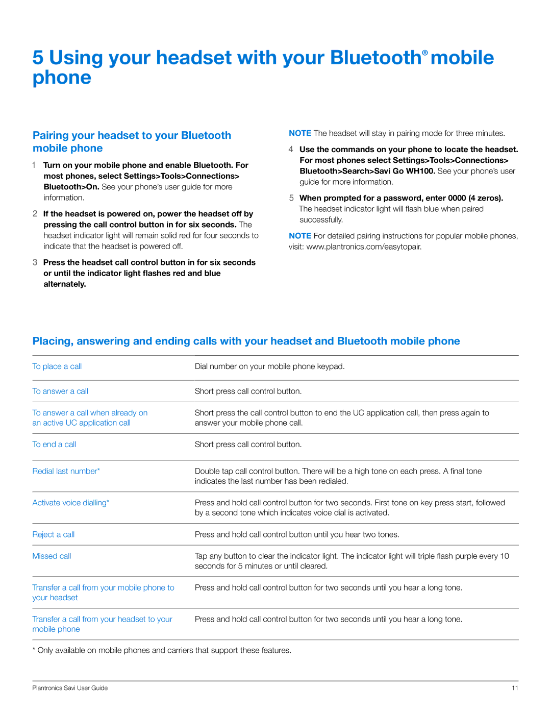 Plantronics WG100/B manual Using your headset with your Bluetooth mobile phone 