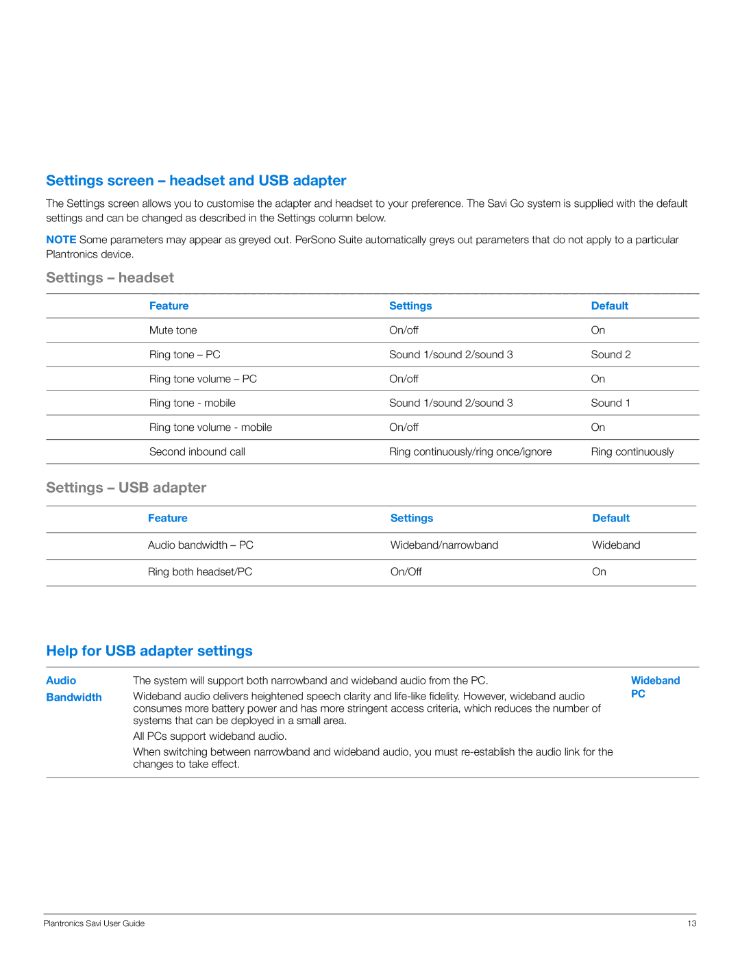 Plantronics WG100/B manual Settings screen headset and USB adapter, Help for USB adapter settings 