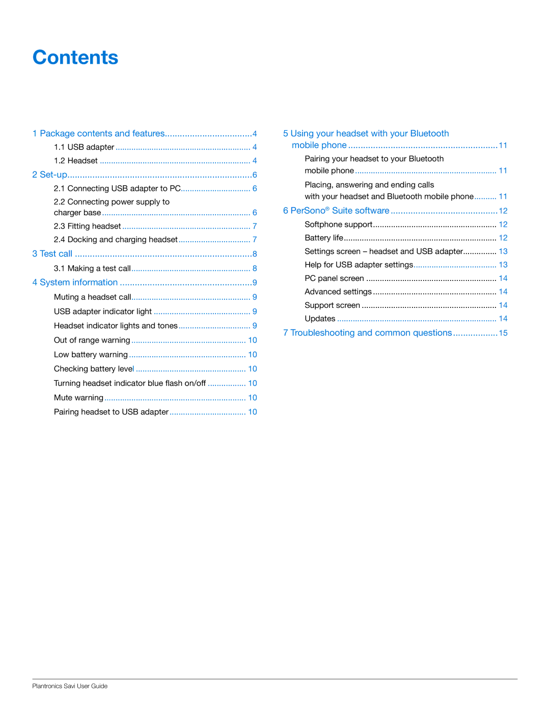 Plantronics WG100/B manual Contents 