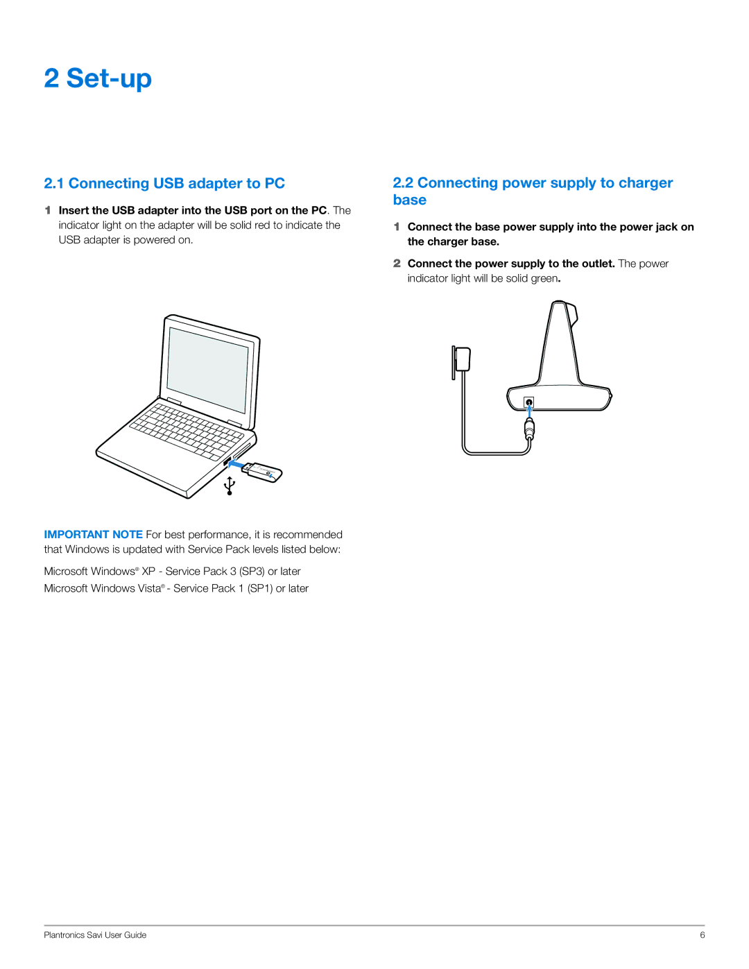 Plantronics WG100/B manual Set-up, Connecting USB adapter to PC, Connecting power supply to charger base 