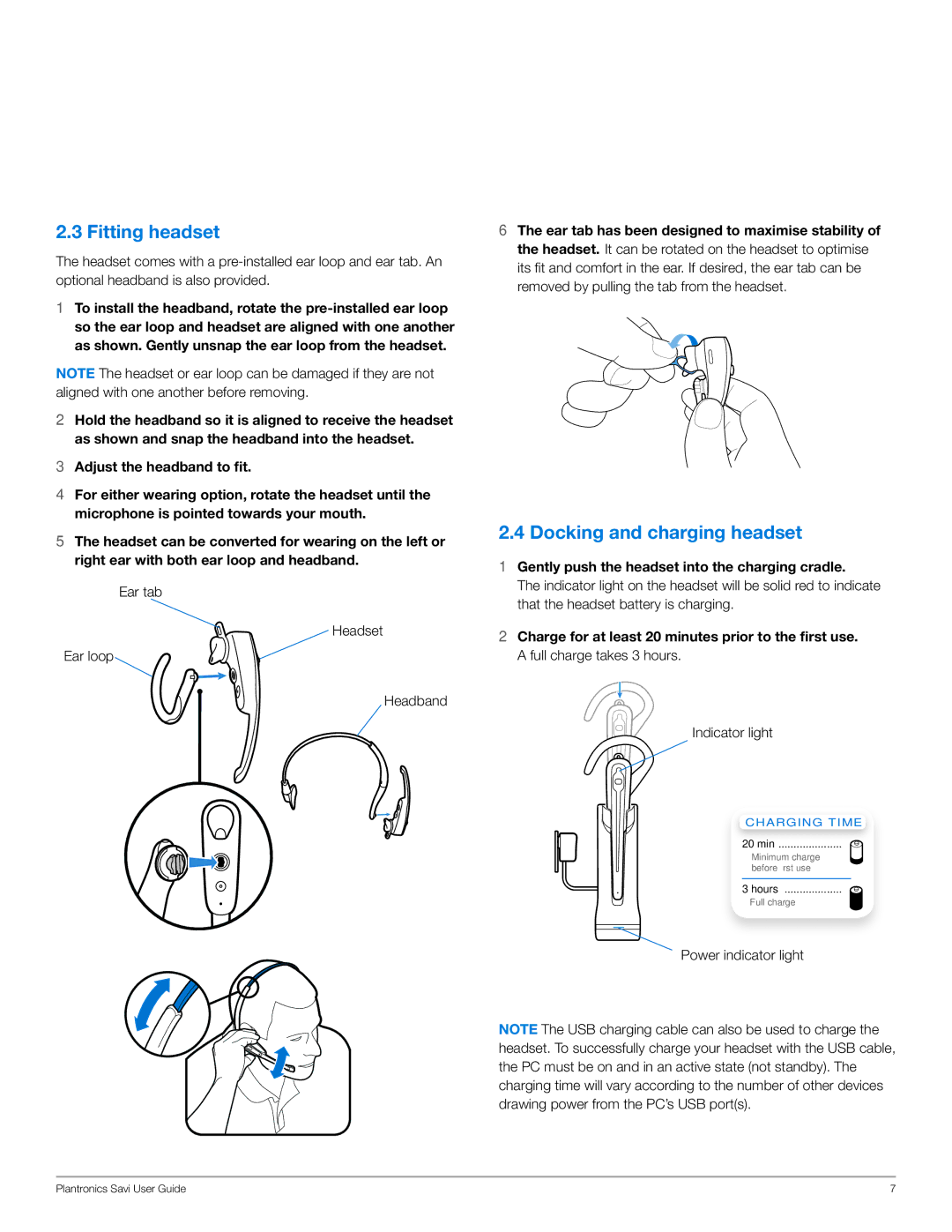 Plantronics WG100/B manual Fitting headset, Docking and charging headset 