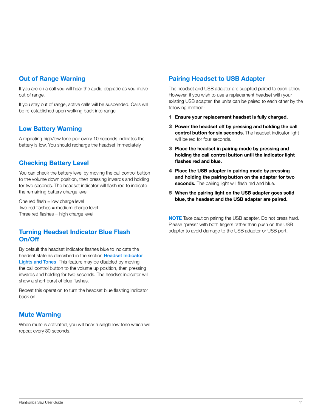 Plantronics WG101/B manual Out of Range Warning, Low Battery Warning, Checking Battery Level, Mute Warning 