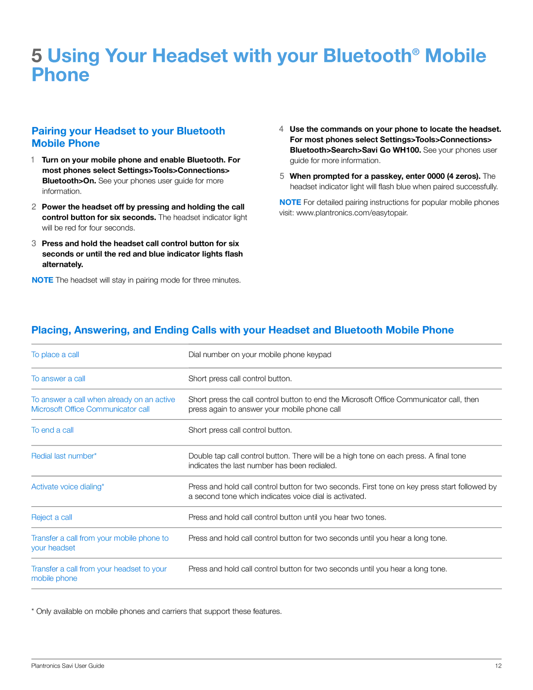 Plantronics WG101/B manual Using Your Headset with your Bluetooth Mobile Phone 