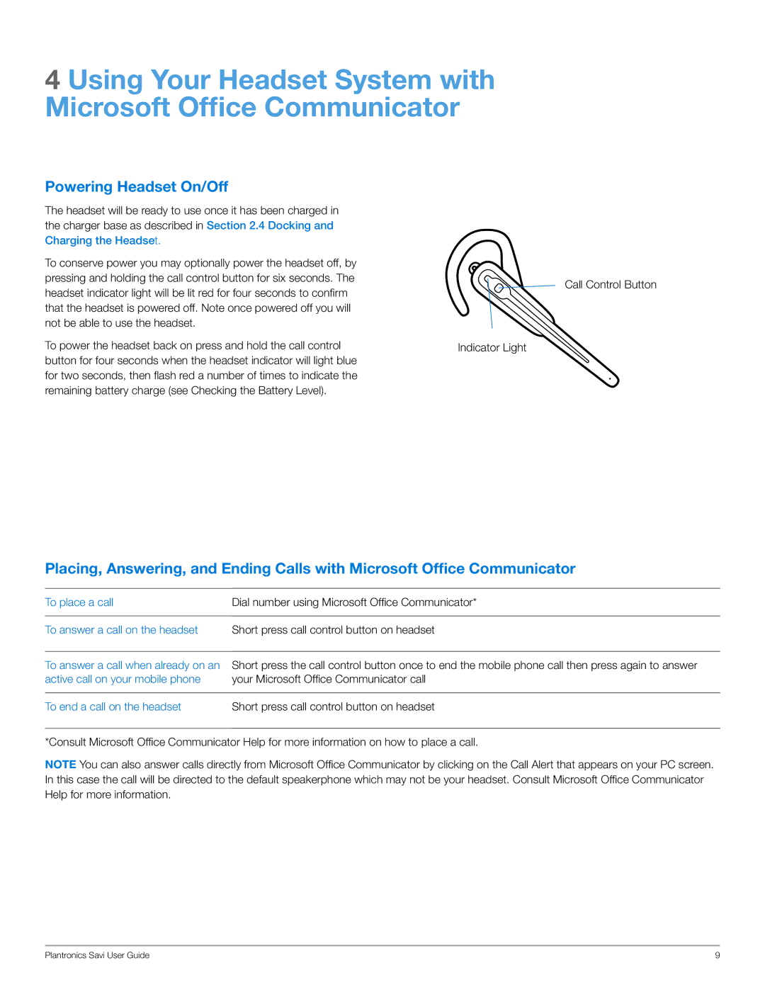 Plantronics WG101/B manual Powering Headset On/Off, Charging the Headset, To place a call To answer a call on the headset 