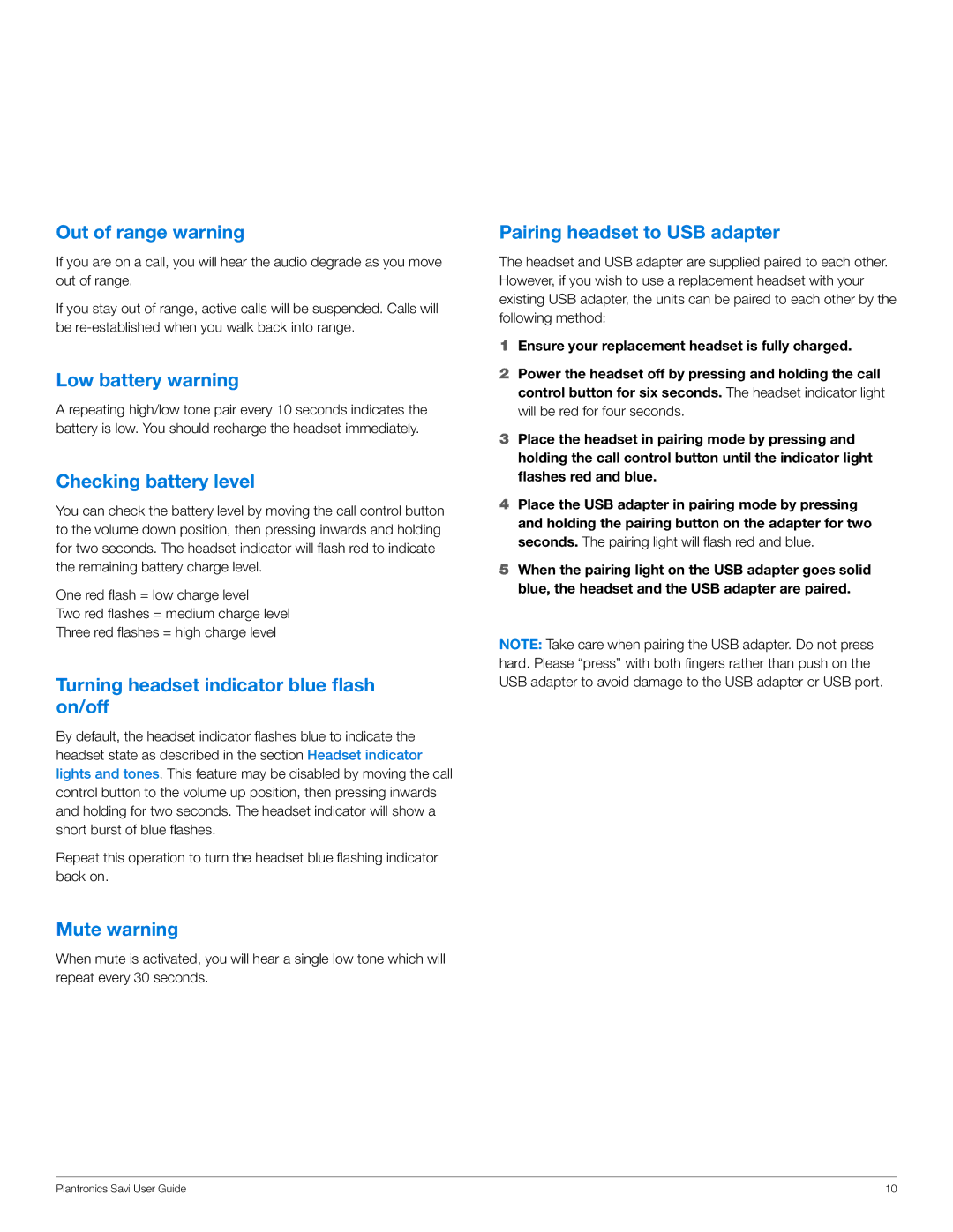 Plantronics WG101/B manual Out of range warning, Low battery warning, Checking battery level, Mute warning 