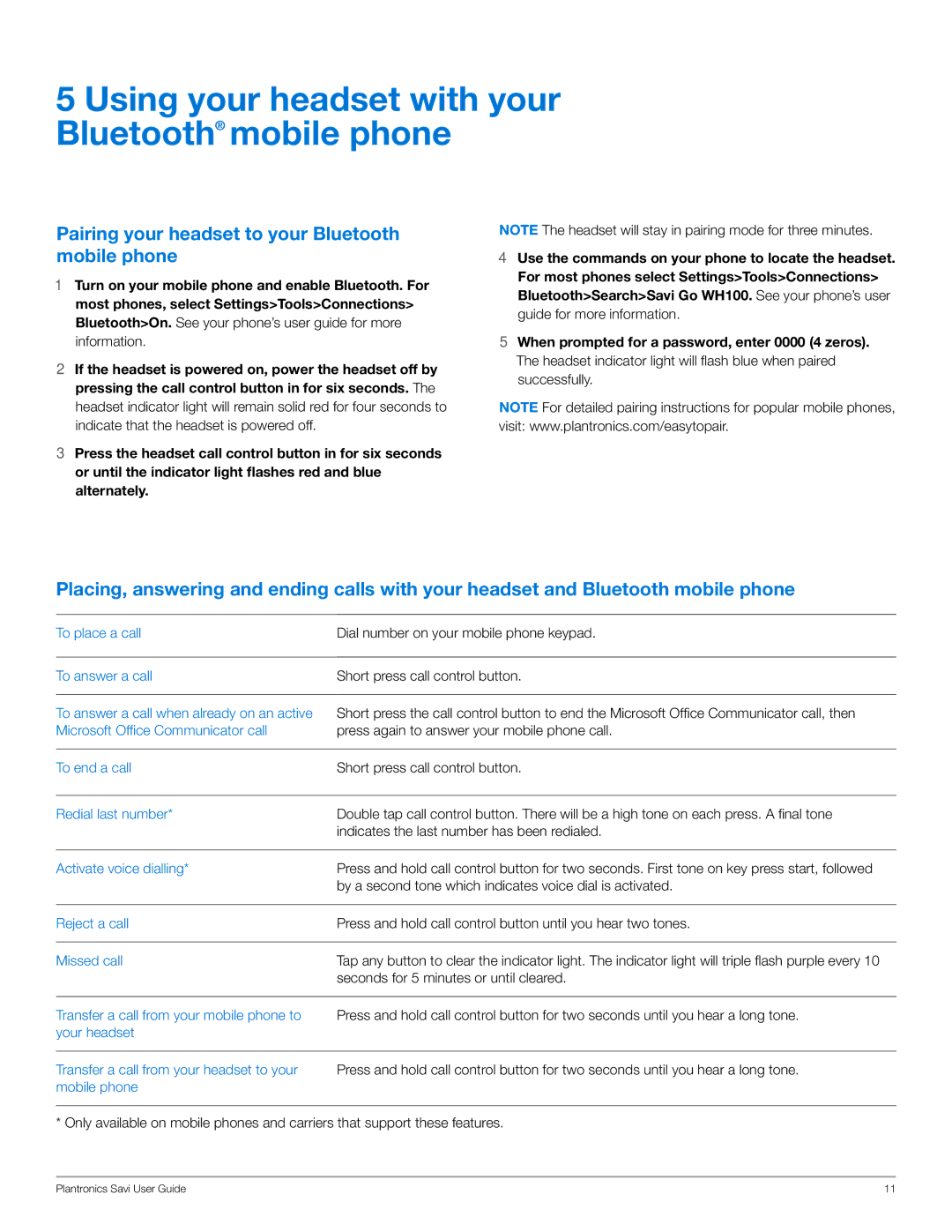 Plantronics WG101/B manual Using your headset with your Bluetooth mobile phone 