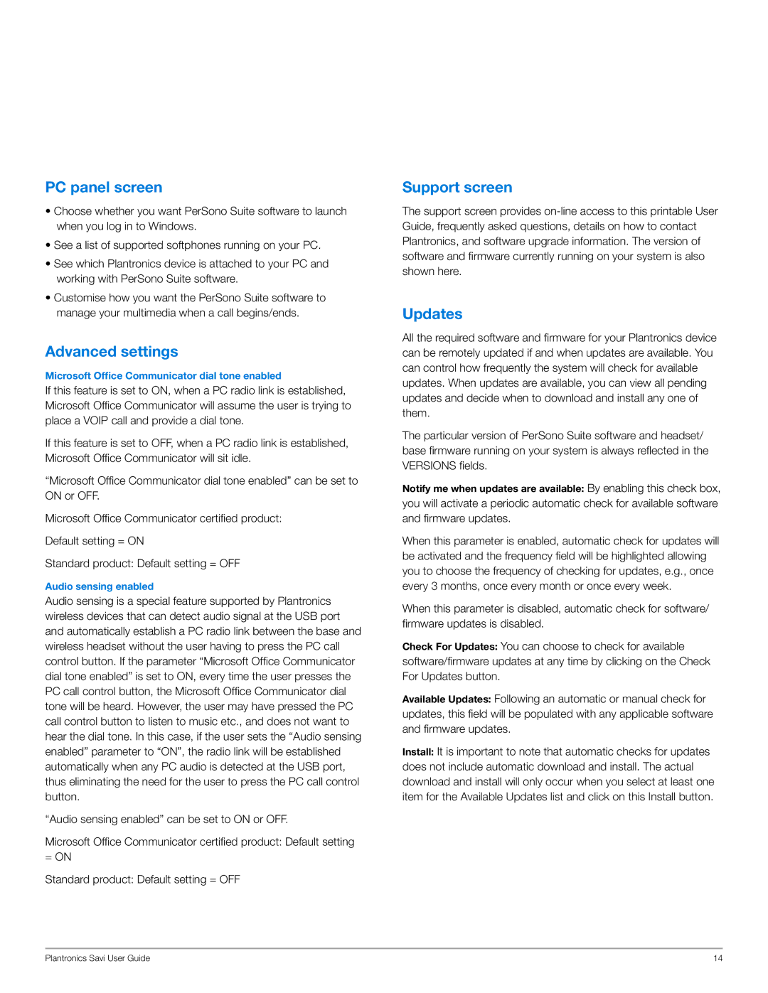 Plantronics WG101/B manual PC panel screen, Advanced settings, Support screen, Updates 