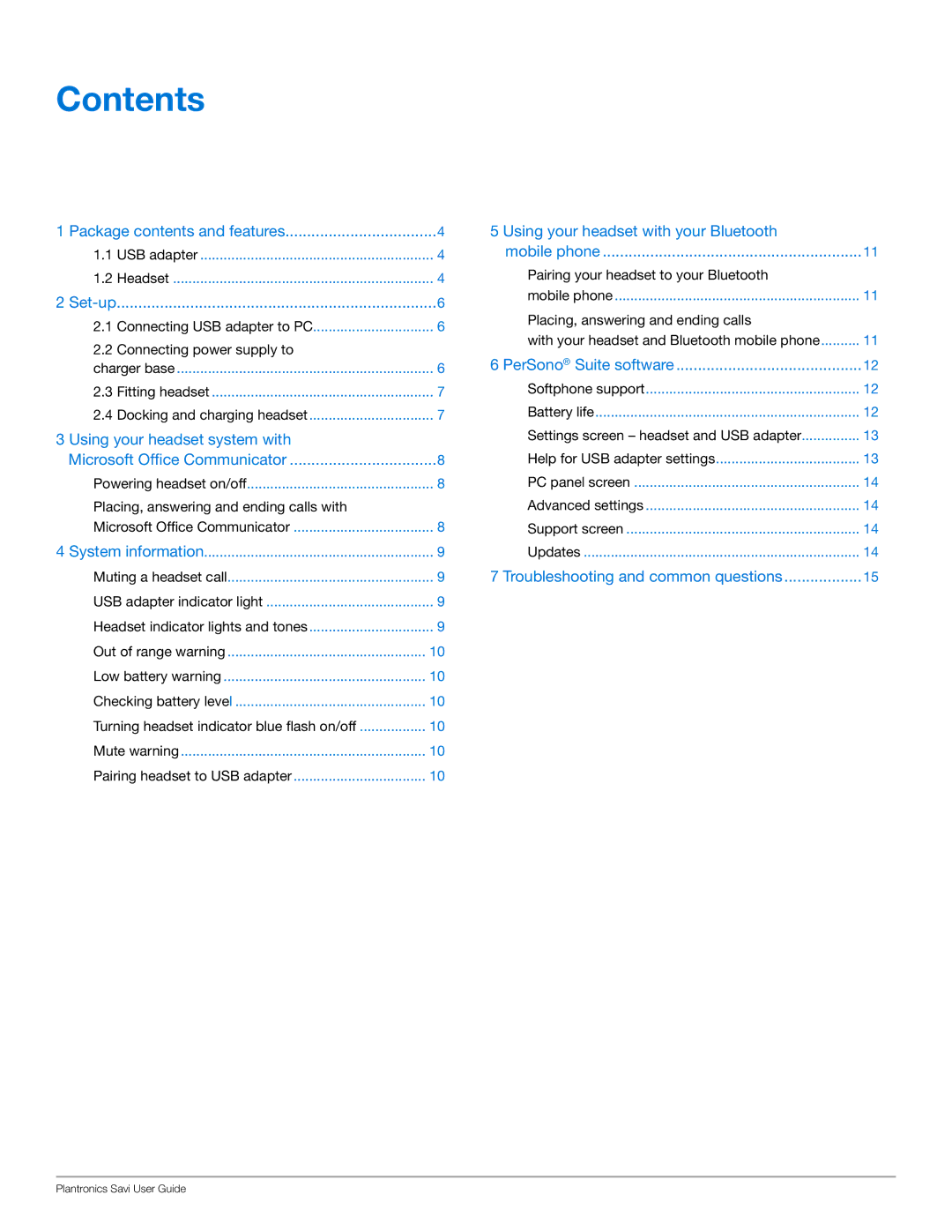 Plantronics WG101/B manual Contents 