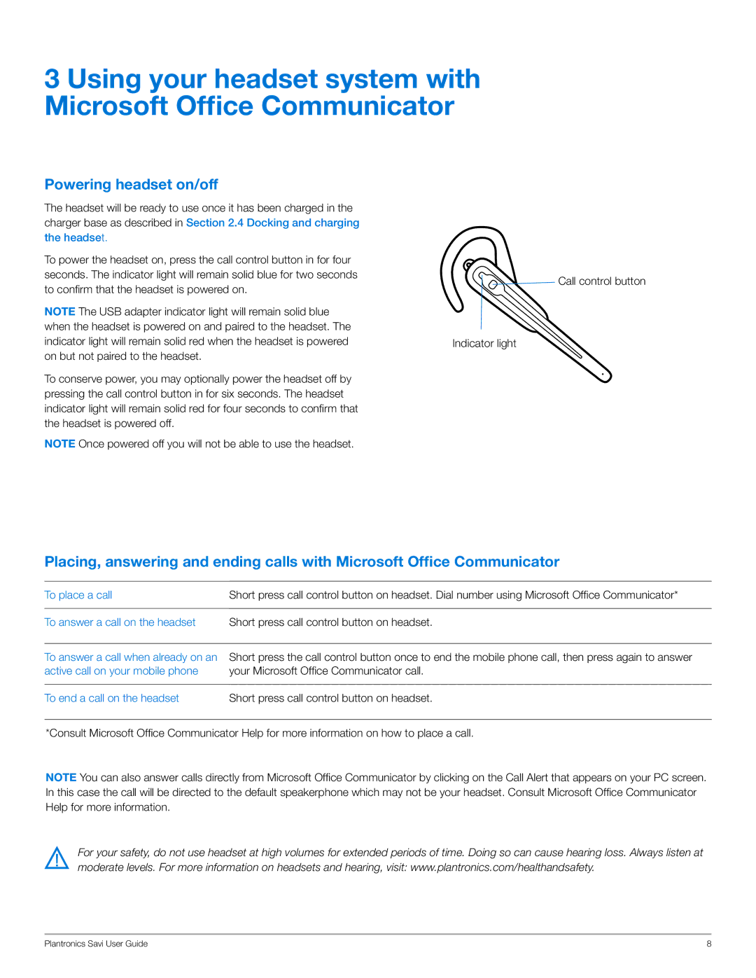 Plantronics WG101/B Powering headset on/off, To place a call To answer a call on the headset, To end a call on the headset 