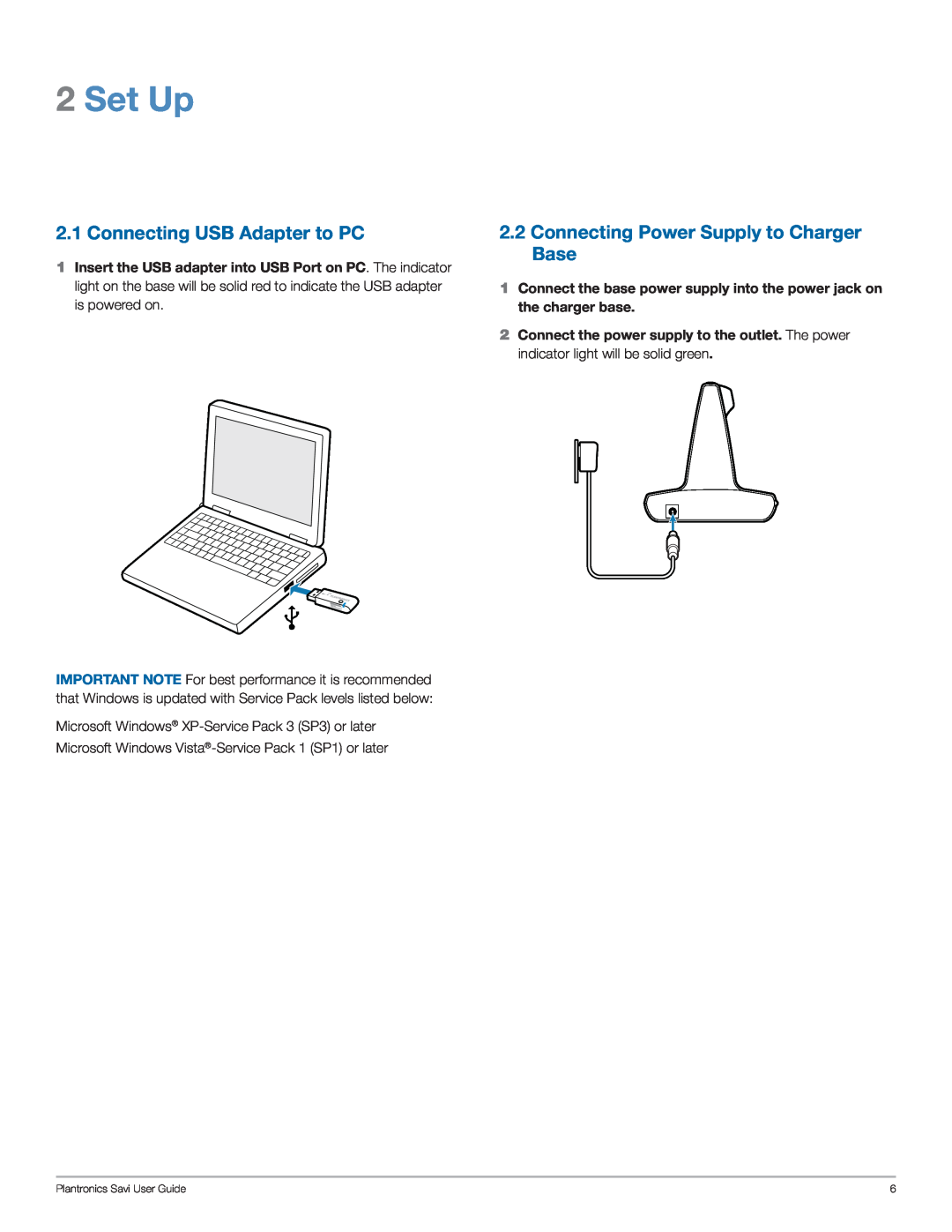 Plantronics WG101/B manual Set Up, Connecting USB Adapter to PC, 2.2Connecting Power Supply to Charger Base 
