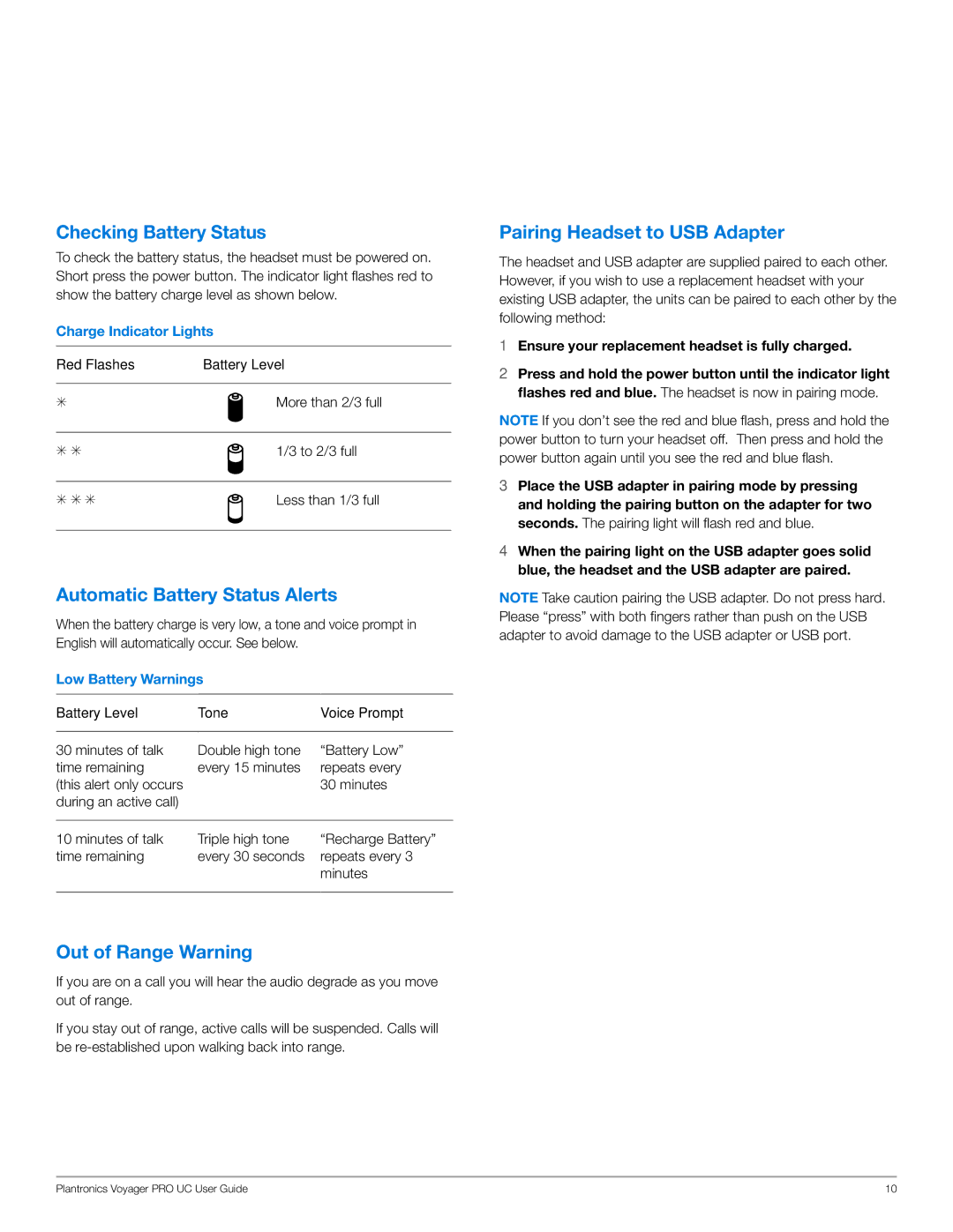 Plantronics WG201/B manual Checking Battery Status, Automatic Battery Status Alerts, Out of Range Warning 