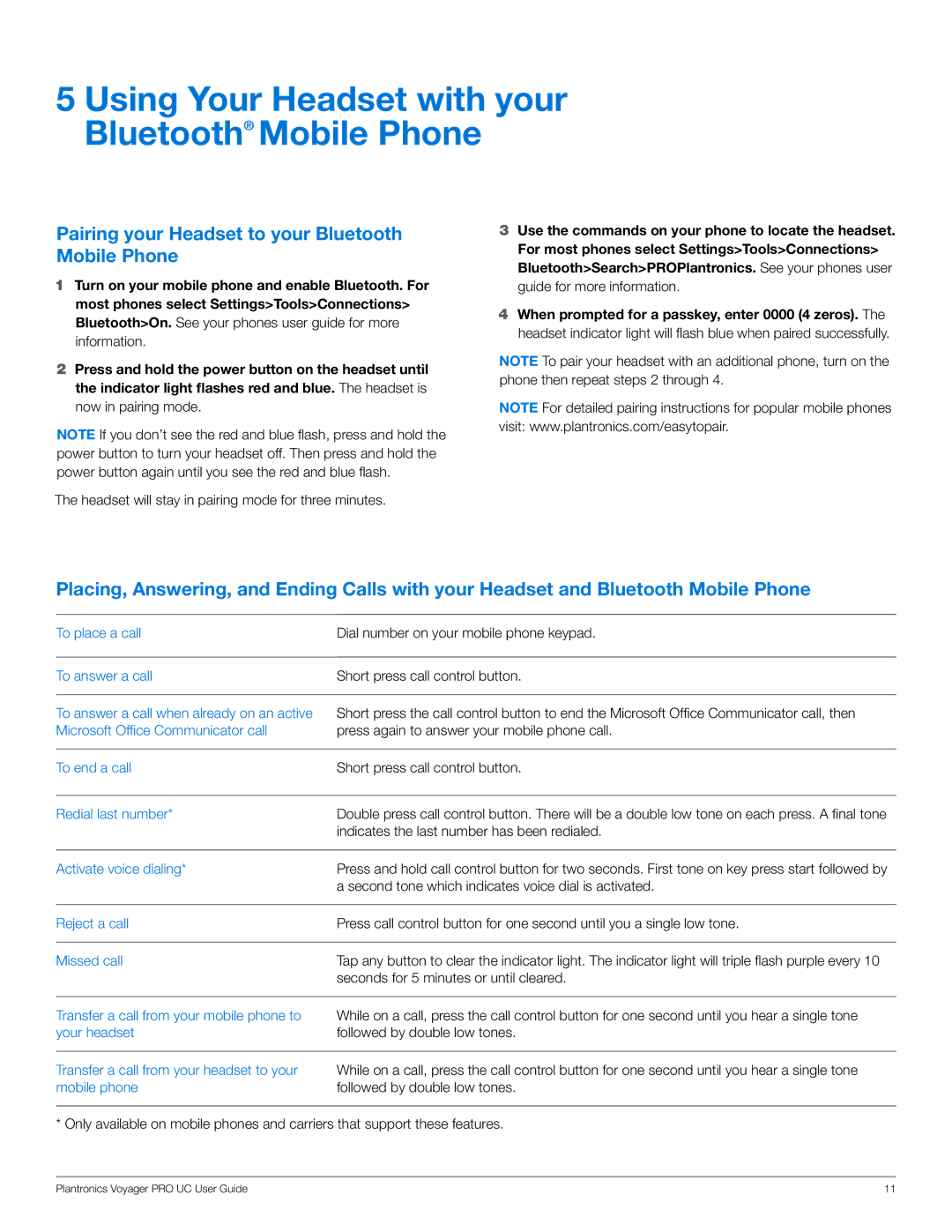 Plantronics WG201/B manual Using Your Headset with your Bluetooth Mobile Phone 