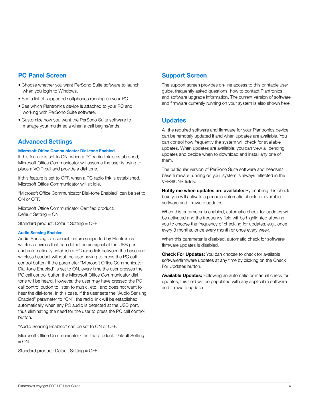 Plantronics WG201/B manual PC Panel Screen, Advanced Settings, Support Screen, Updates 