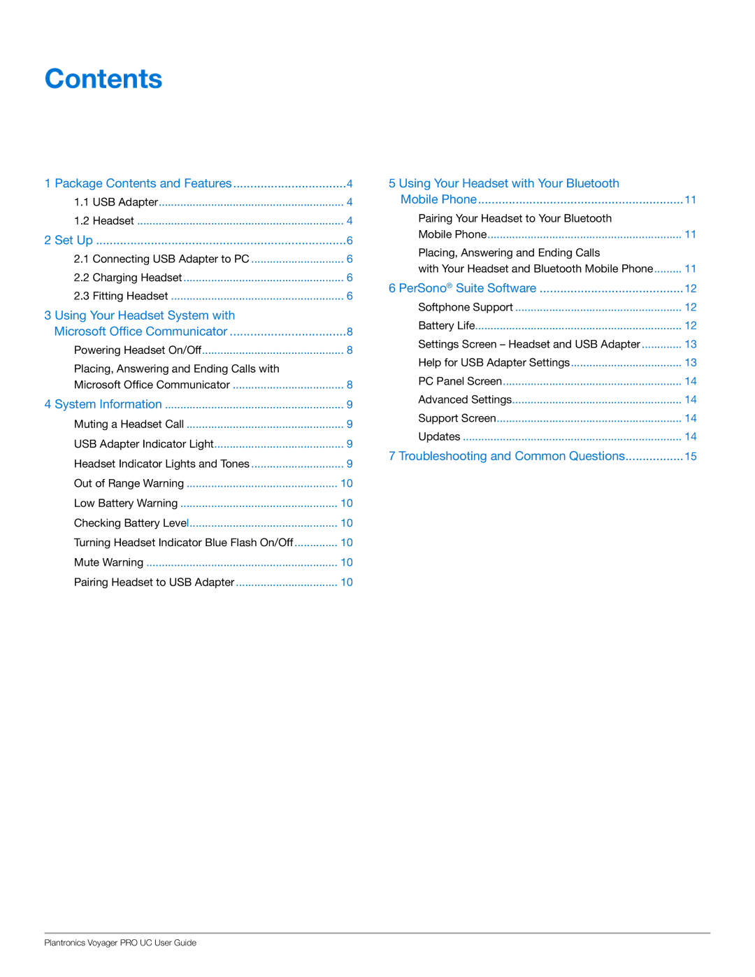 Plantronics WG201/B manual Contents 