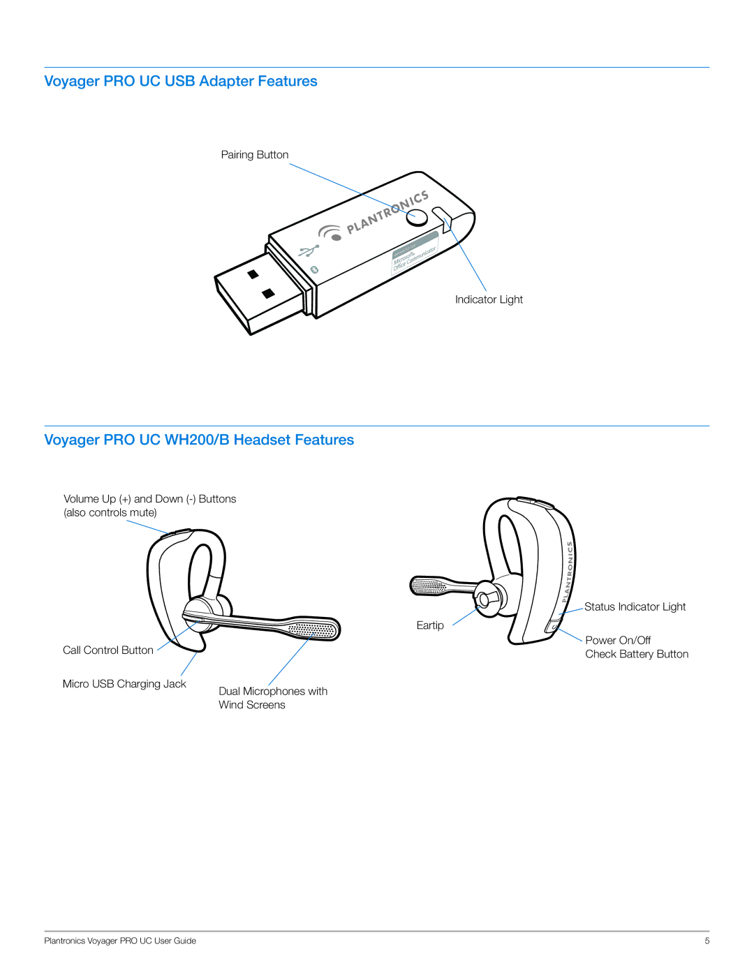 Plantronics WG201/B manual Voyager PRO UC USB Adapter Features 