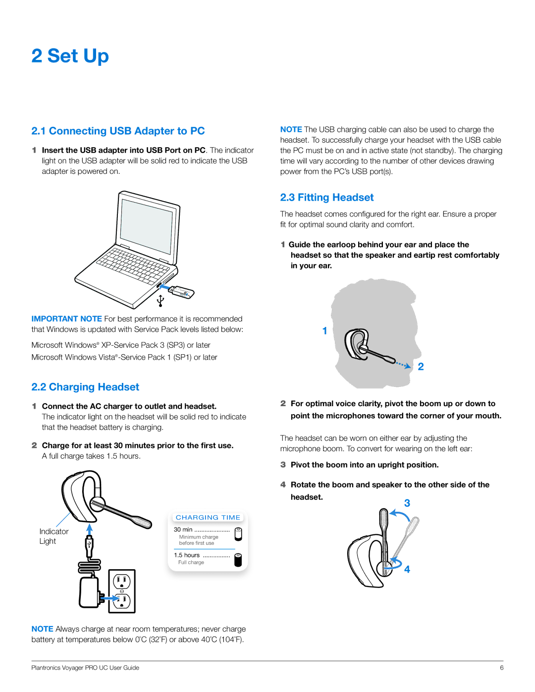 Plantronics WG201/B manual Set Up, Connecting USB Adapter to PC, Charging Headset, Fitting Headset 