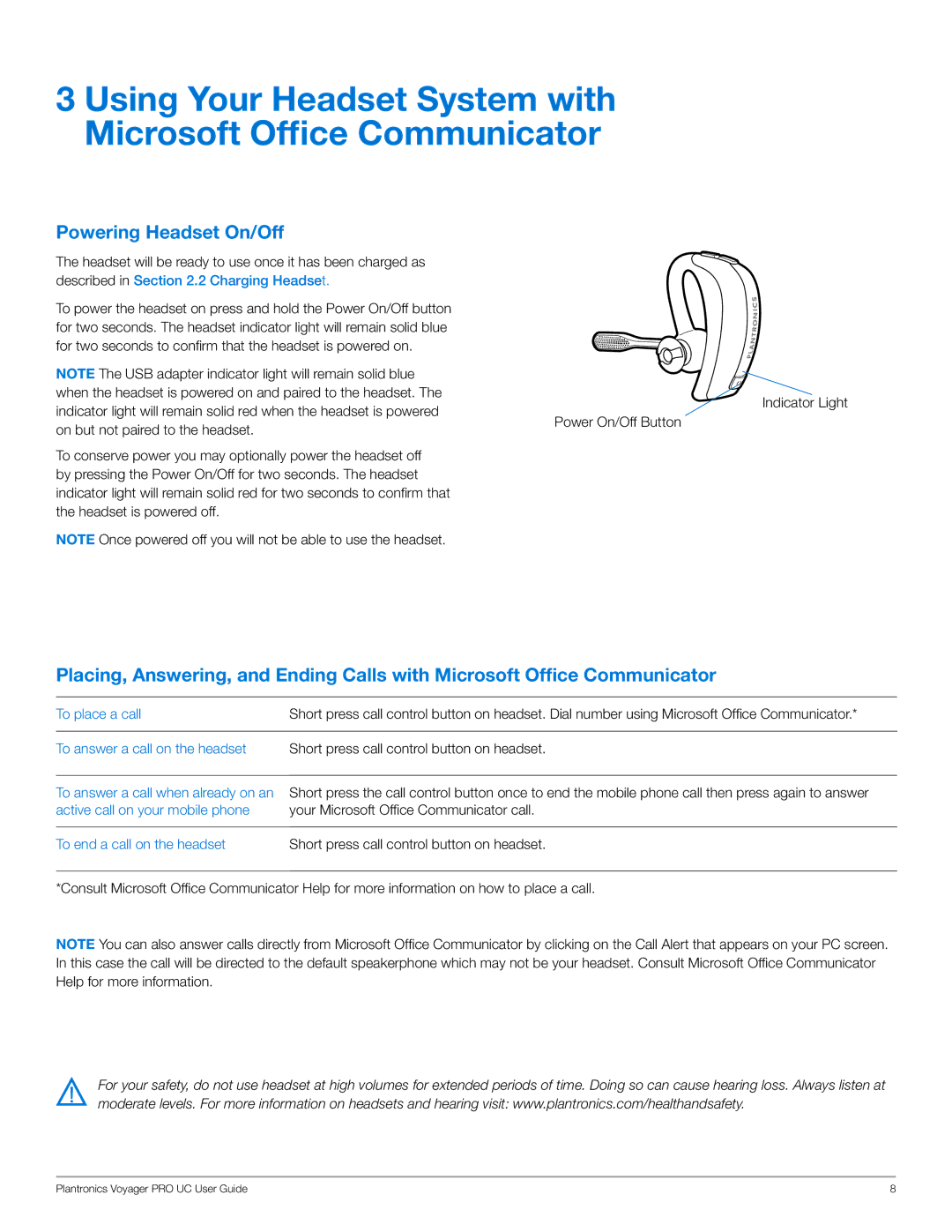 Plantronics WG201/B Powering Headset On/Off, To place a call To answer a call on the headset, To end a call on the headset 