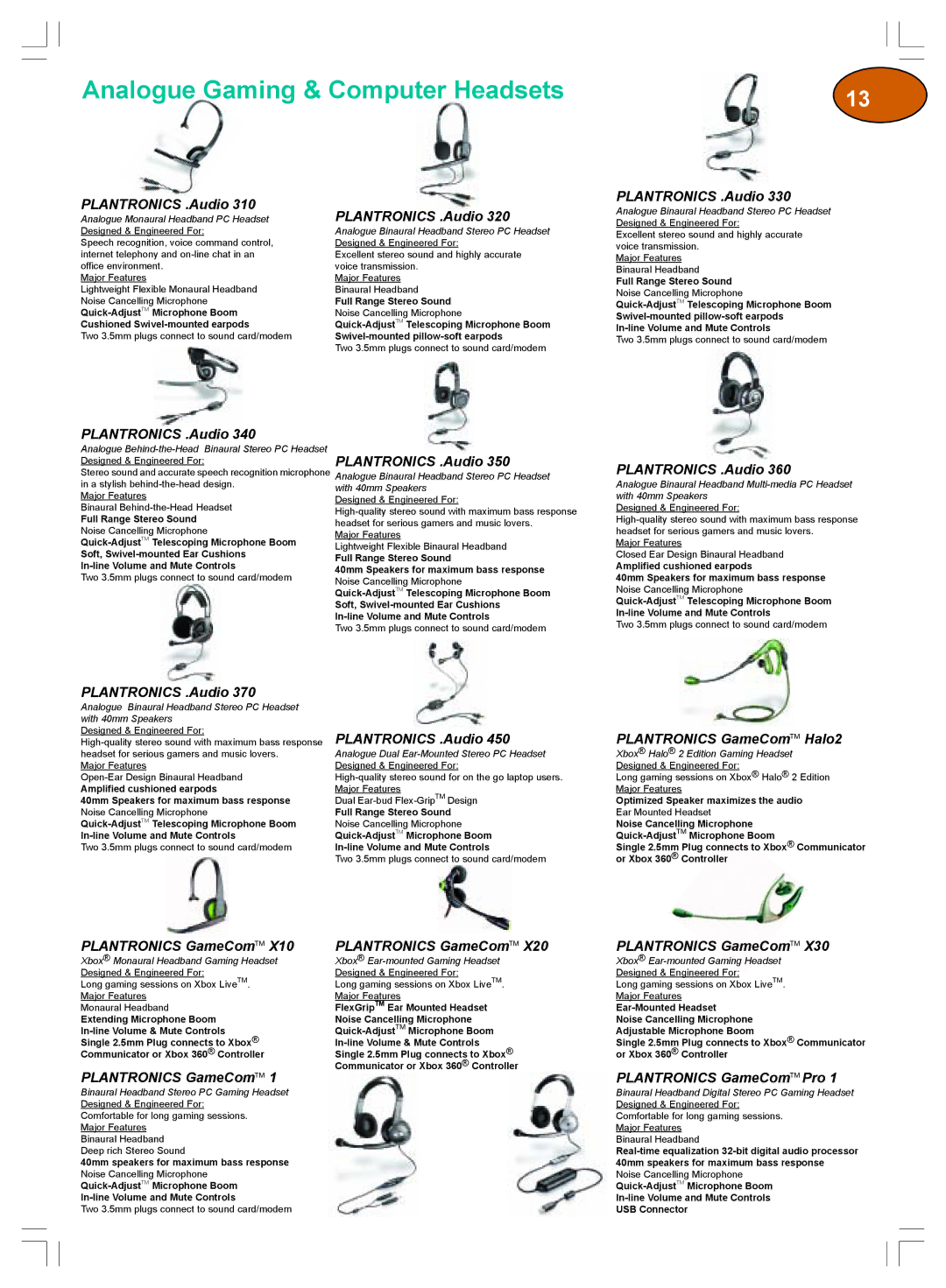 Plantronics Winter 2006 Analogue Gaming & Computer Headsets, Plantronics GameComTM Halo2, Plantronics GameComTM Pro 